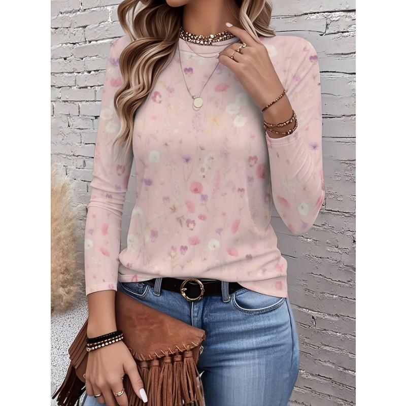 Women's long-sleeved T-shirt for autumn, small floral print, casual street style, round neck pullover, loose fit outdoor T-shirt