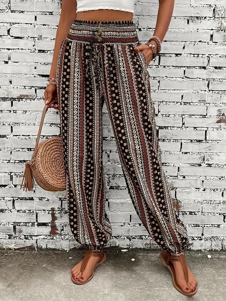 European & American Style Bohemian Print Elastic Waist Draped Pants for Women - Spring/Summer Collection
