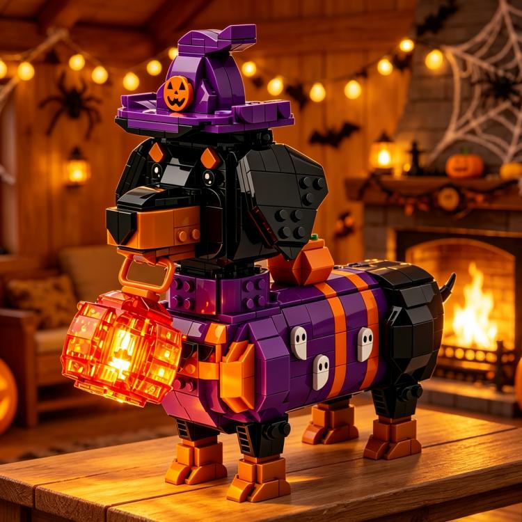 Halloween Dachshund Building Block Set Witch Dog with Lantern Brick Model DIY Spooky Decor Gift for Home Office