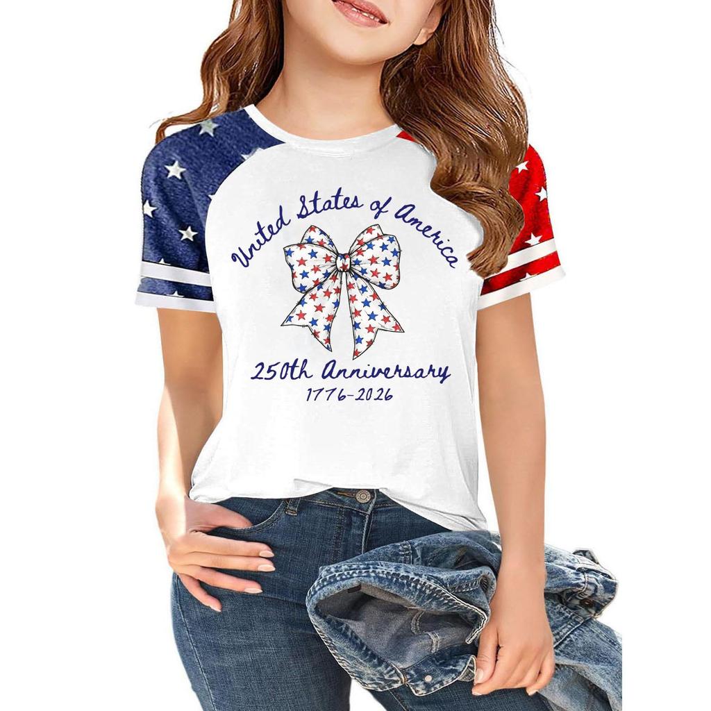 Kids Independence Day Graphic T-Shirt Short Sleeve Crew Neck Casual Tee with Patriotic Print and Star Pattern Sleeves for Boys and Girls