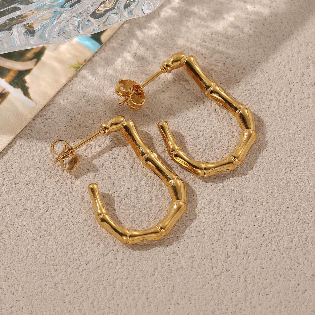 304 Stainless Steel Bamboo Texture C-Shape Hoop Earrings for Women