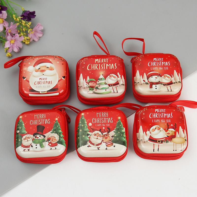 Square Christmas Zipper Tinplate Coin Purse and Key/Earphone/Data Cable Storage Box