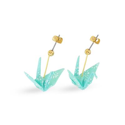 Ren Ladies Origami Earrings (Crane - Washi Light Blue) Surgical Stainless Steel Made Japan Handmade Medical Metal Low Allergy Irritation Japanese
