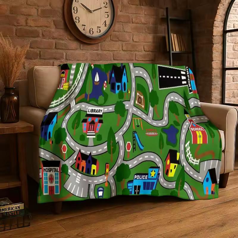 City Traffic Road Highway Runway Map Playmat Playroom Flannel Blanket Soft Throw Blanket for Bedroom Living Room Bed Picnic Nap
