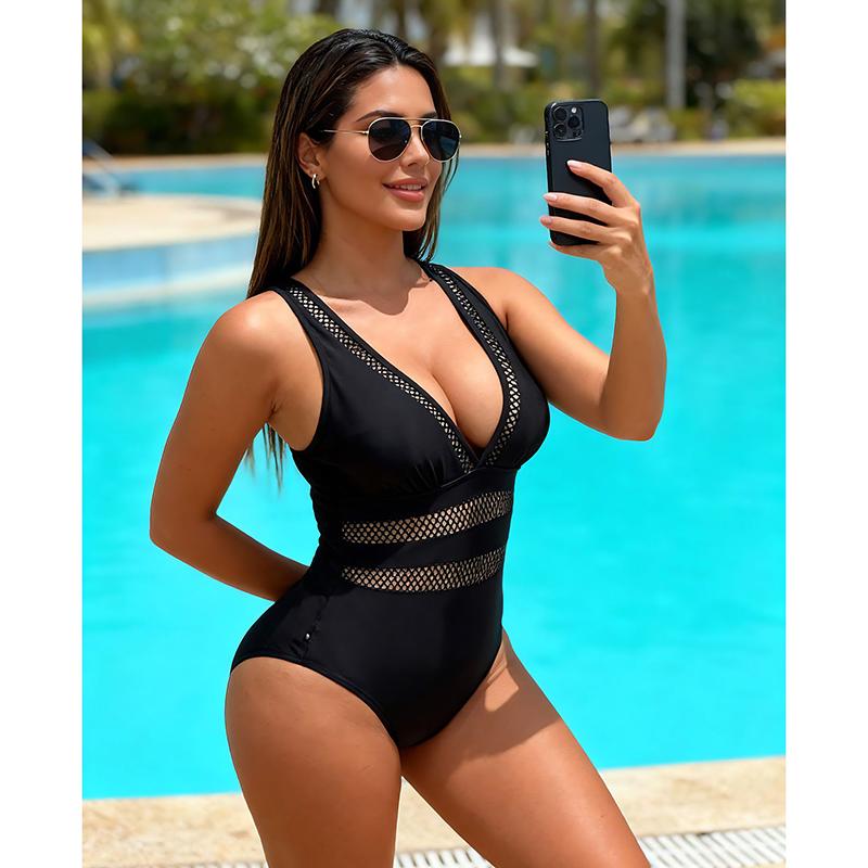 Sexy Mesh Swimsuit Women One Piece Solid V-Neck Swimwear Female Sexy Bathers Bathing Suit Padded Beachwear Swimming Summer