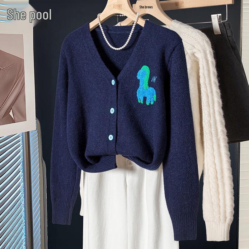 

Women s Contrast Color Embroidered Knitted Cardigan One Size