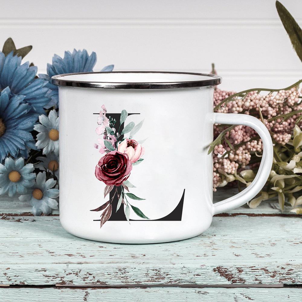 Alphabet Blumen A-Z Vintage Emaille Kaffee Tee Tassen Urlaub Camping Getränke Saft Bier Tassen Zuhause Büro Milch Tasse Geburtstagsgeschenke