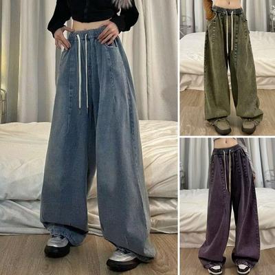 Ženy Džíny Široká noha Délka k podlaze Volný Denim Stahovací šňůrka Pružný pas Jednobarevný Hip Hop Streetwear Kapsy v rozkroku Vintage Rovné Dlouhé kalhoty
