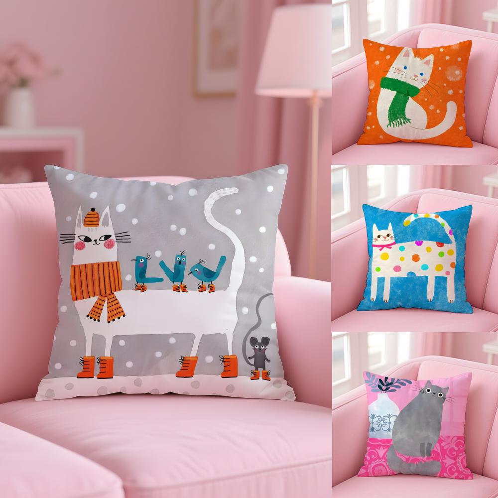 Cat Cute Cushion Cover Soft Short Plush Double-Sided Printing Home Decor Machine Washable Pillow Case Gift