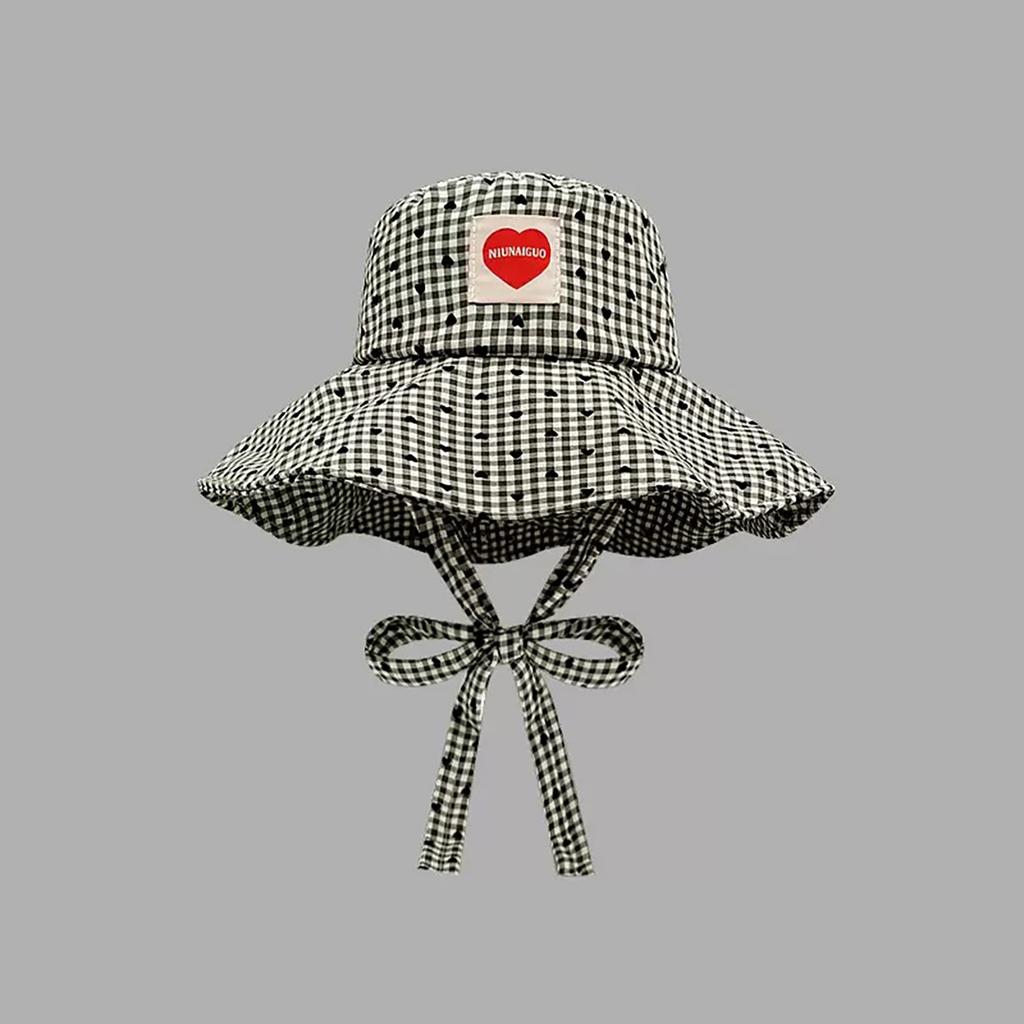 Fashion Plaid Fisherman Hat for Women Black Heart Summer Wide Brim Sunshade Dome Basin Cap Korean Ladies Travel Lacing Hat