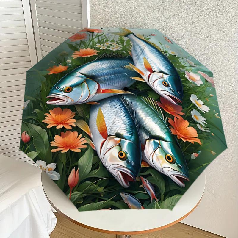 1PC fishes flowers Automatic Open/Close Umbrella with Windproof, 8-Rib Sturdy Canopy, Durable Ribs, Fashionable Design, Outdoor Accessory, Fun Prin, H