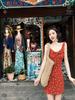 French retro red floral suspender dress for women's summer new small waist and thin short skirt