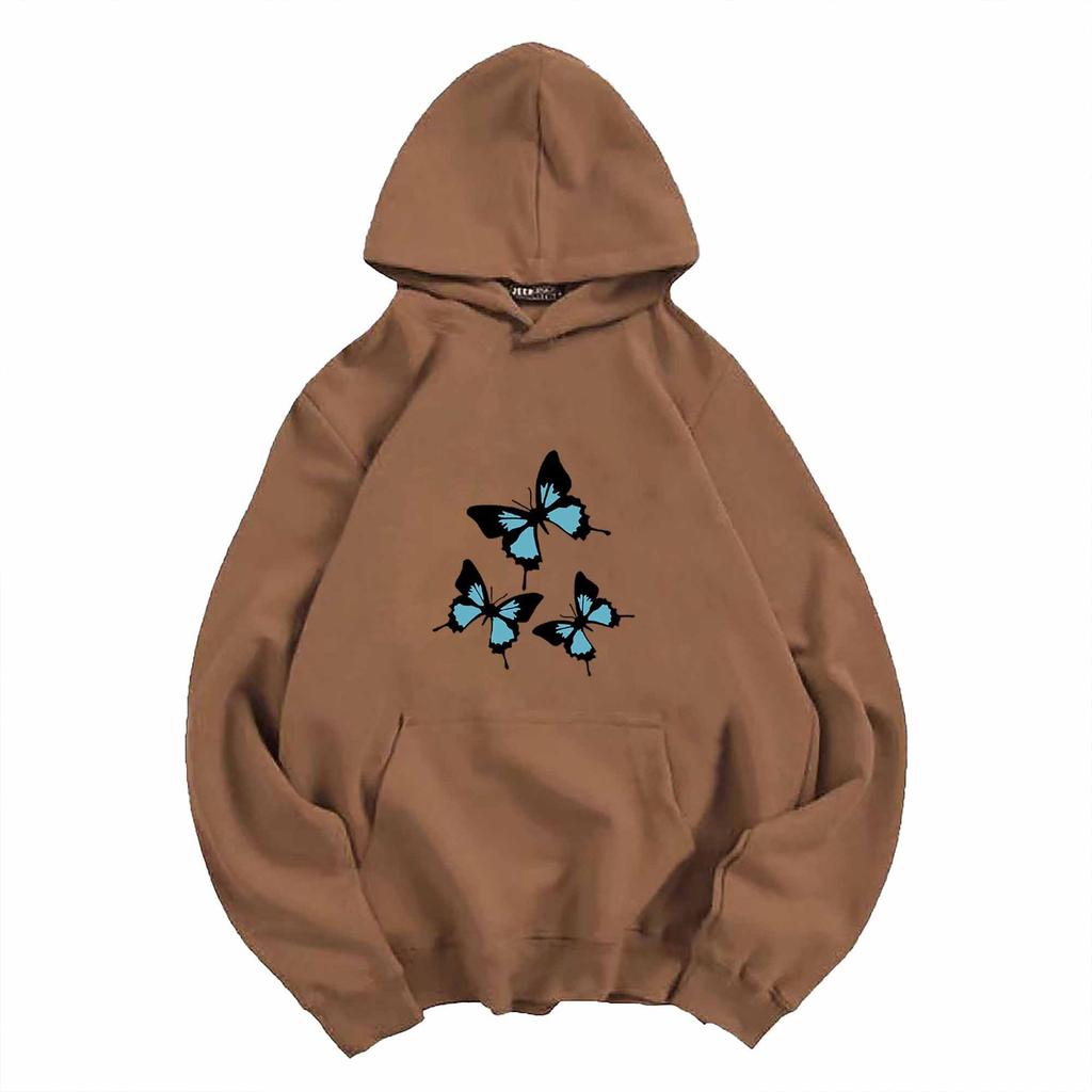 Autumn and Winter Black and Blue Butterfly Print Hoodie Sweatshirt for Men and Women Couples Korean Style Trendy Tops