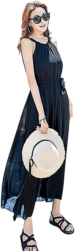 ZOEMAKE Maxi Long Wear Dress, Dress, Sleeveless, Bohemian, Resort, Hawaiian, Summer, Fresh, Women's (Black)