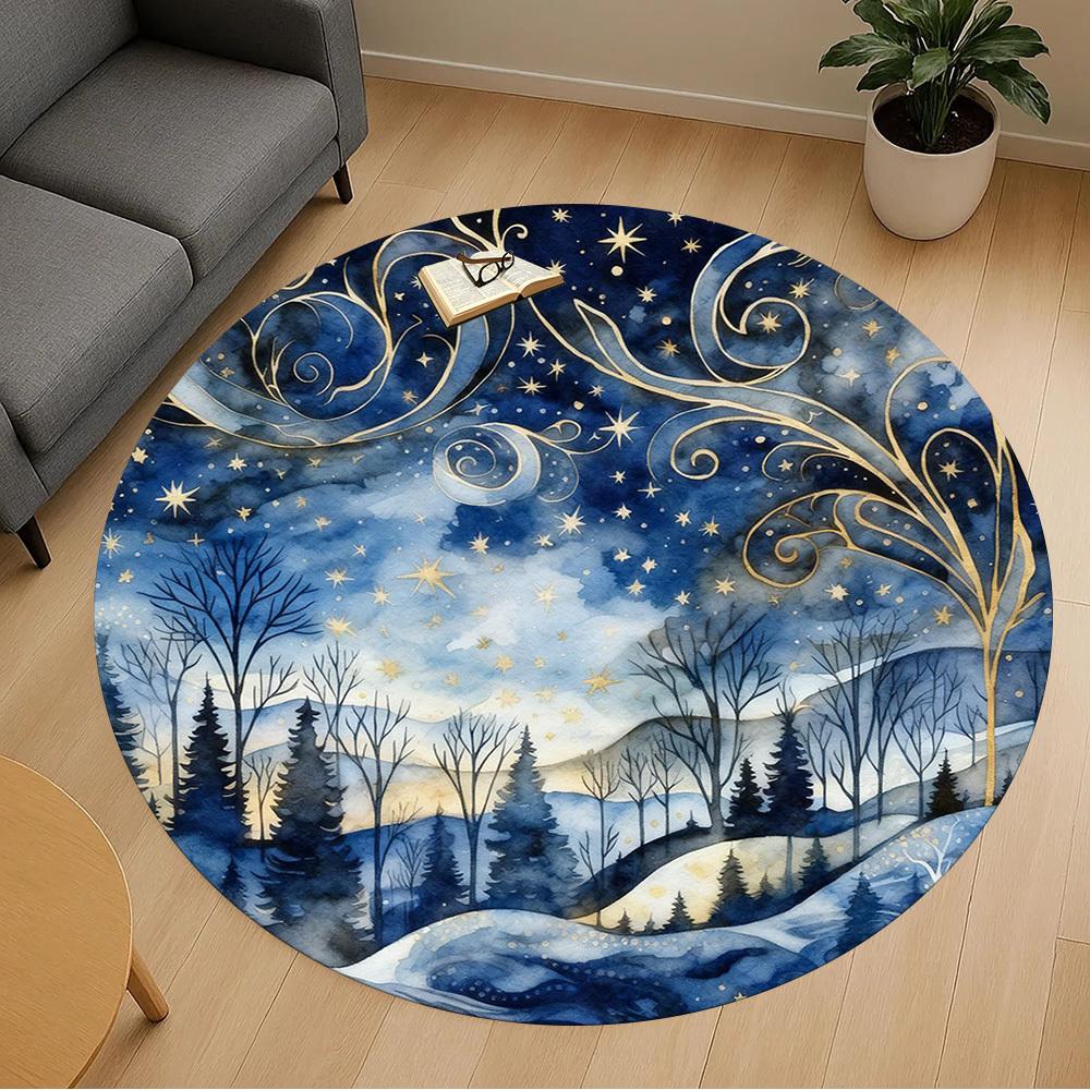 1pc Winter Landscape Stars Round Chair mat office Area Rug - Non-Slip, Floor Mat for Office, Bedroom, Ideal home decor gift p0105014