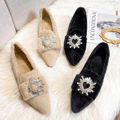 Mode Herzförmige Strassschnalle Ballerinas Damen Kaninchenfell Schuhe Winter Warm Ballerinas Damen Spitz Zehen Baumwolle Pelzig Mokassins Mujer