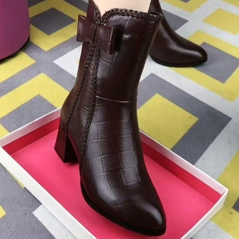 Vinter- och höstkängor med sammetsfoder till mitten av vaden för kvinnor, dragkedjor i sidan, tjockklackade damskor