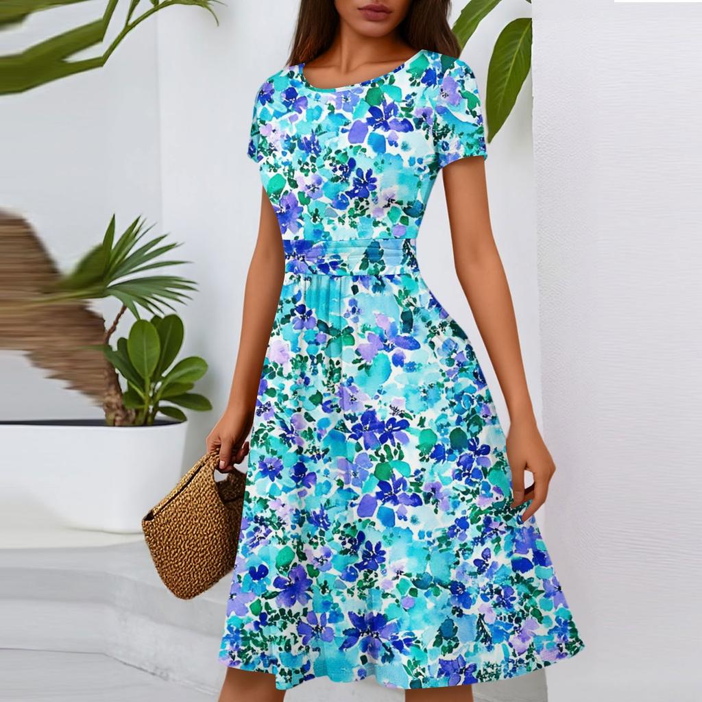 Women's Casual Fashion Round Neck Pleated Short Sleeve Floral Print A-Line Midi Dress