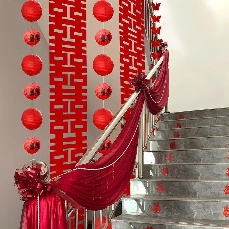 Red Wedding Wave Decoration: Elastic Silk Drapes for Stair Handrails and Indoor Ceilings