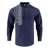 Men Linen Blend Long Sleeve Shirt, Mandarin Collar Ethnic Geometric Print Half Button Henley Shirts Casual Beach Bohemian Tops For Men Multiple Colors