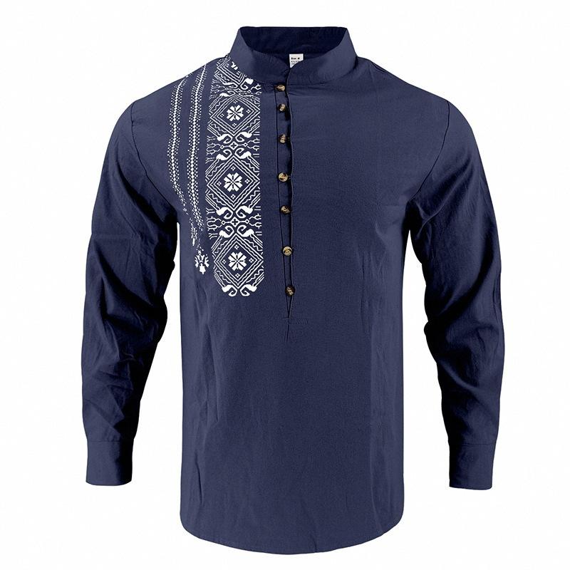 Men Linen Blend Long Sleeve Shirt, Mandarin Collar Ethnic Geometric Print Half Button Henley Shirts Casual Beach Bohemian Tops For Men Multiple Colors