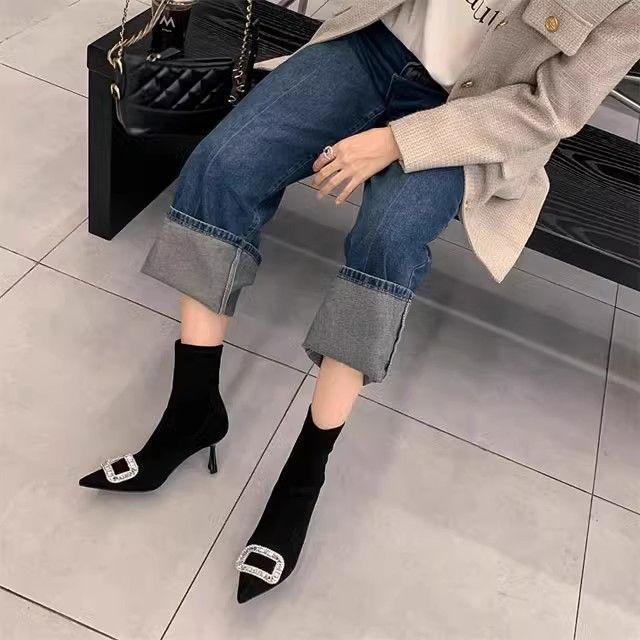 Women's Rhinestone Buckle Stiletto Heel Ankle Boots - Spring/Autumn 2025