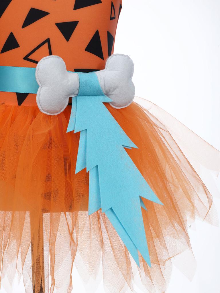 Dívčí kostým jeskynní ženy Patchworkové tutu šaty Nastavitelný popruh Síťované krátké rukávy Všité kalhotky 3D kostěný pásek Prehistorický kostým