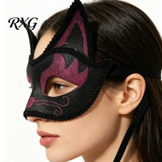 Eye Catching Prom Mask Cat Half Face Mask, Halloween Glitter Venetian Masquerade Flexible Rhinestone Ear for Party Costume Cosplay Lightweight