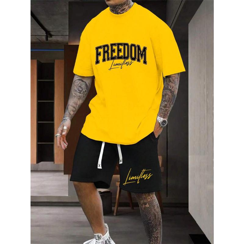 Estivo Uomo Due Pezzi T-shirt Street Stampata Lettere Libere Pantaloncini Casual Sportivi Outdoor Manica Corta Coulisse Abbigliamento Uomo