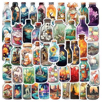 50Pcs Cartoon World In Bottle Stickers Various Cute Glass Bottle Graffiti Decals Decorative Vinyl Art Stickers Waterproof