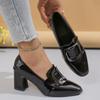Fashionable simple and elegant Black Leather Heel Women 2025 Retro Metal Decoration Woman Square Toe High Heels Shoes