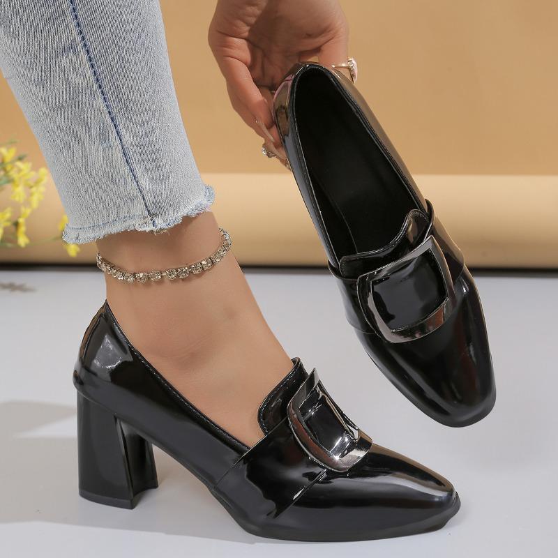 Fashionable simple and elegant Black Leather Heel Women 2025 Retro Metal Decoration Woman Square Toe High Heels Shoes