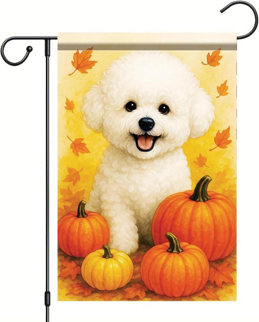 Thanksgiving Fall Garden Ag Bichon Frise Dog Ag 12x18 Inch Double-Sided White Puppy Pumpkin Leaf Yard Banner Autumn Outd EEZ