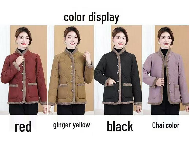 Women's Winter Cotton Jacket: Fleece-Padded, Jacquard Fabric, Age-Reducing, Warm, Chinese-Style, Enhanced Thickness.