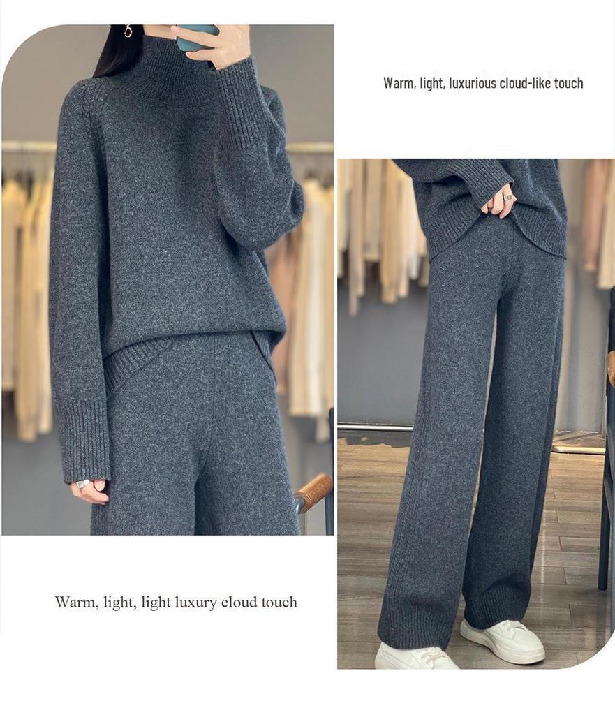 2025 Autumn/Winter High Neck Wool Knitwear & Wide Leg Pants Set
