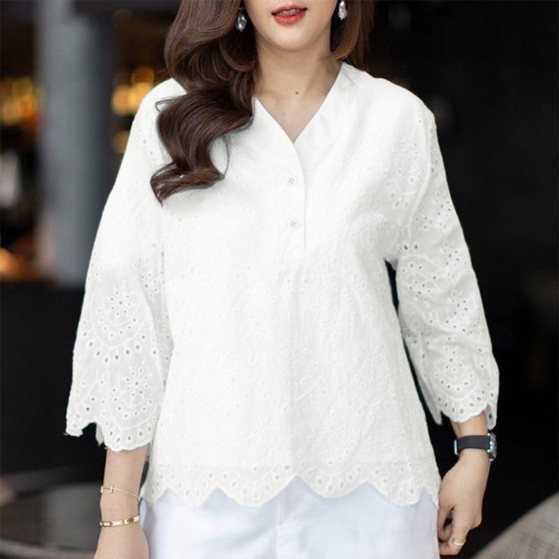 

ZANZEA Женская повседневная блузка с V-образным вырезом, рукавом 3/4, ажурным вязанием крючком и лоскутной отделкой L