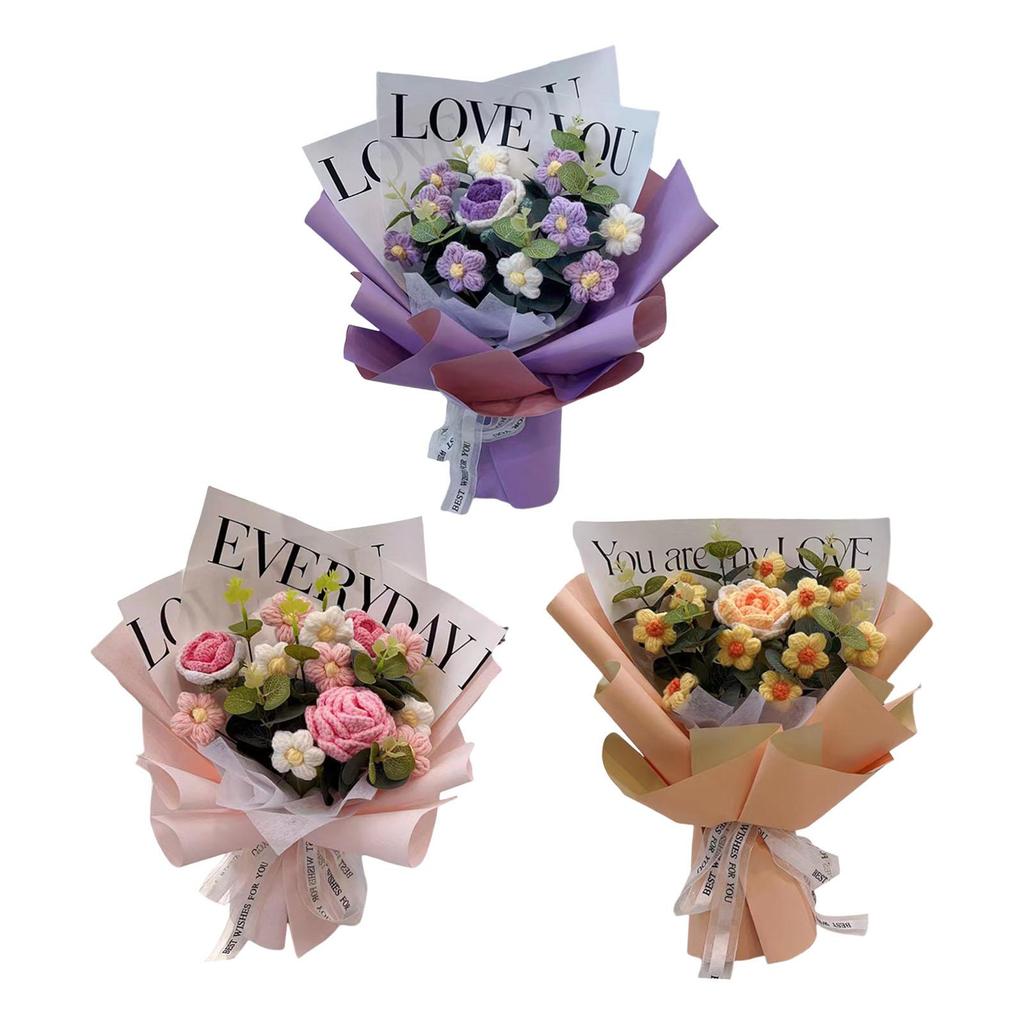 Completed Crochet Flower Bouquet Yarn Knitted Artificial Floral Wreath Arrangement Decor for Wedding Party Anniversary