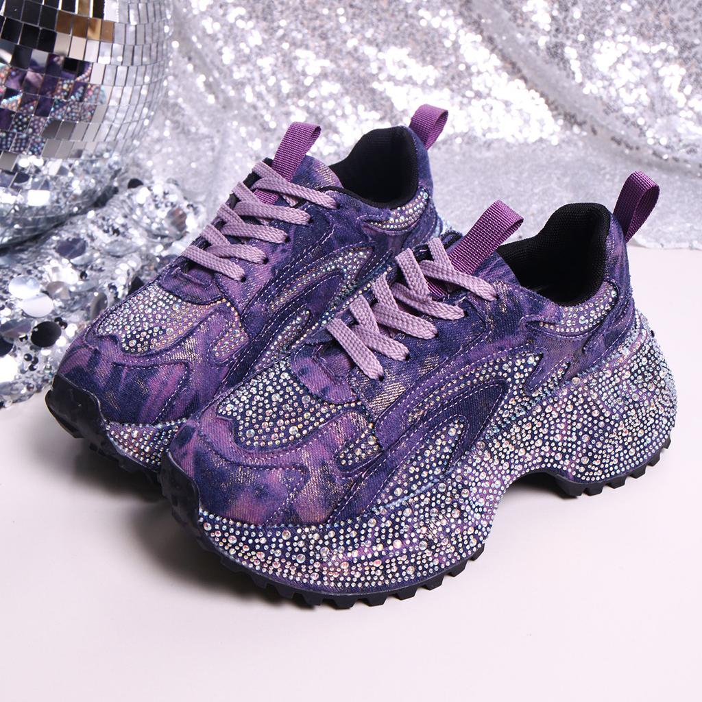 2025 autumn new fashion muffin platform casual rhinestone denim fabric dad shoes women's height-increasing sports shoes trendy shoes