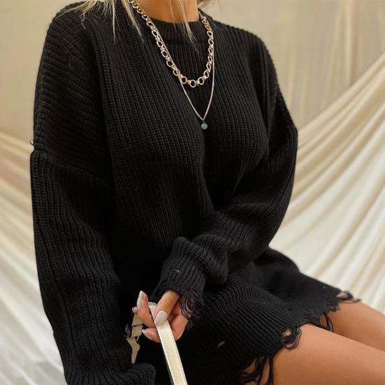 Women Sweater Three-Dimensional Tailoring Loose Fit Soft Knitted Sweater O-Neck Long Sleeve Ripped Holes Mid-length Tops