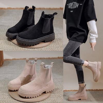 Fashion Chelsea Boots Chunky Boots Women Winter Shoes Cow Suede Ankle Boots Black Female Autumn Fashion Platform Booties