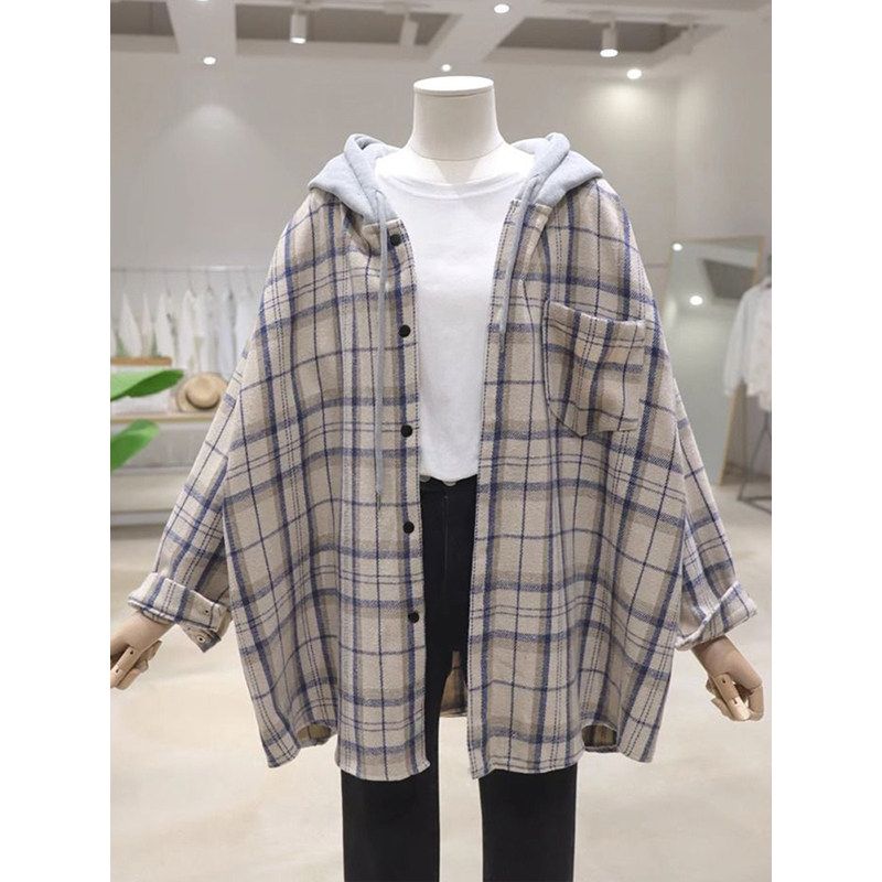 

Plus-Size Lazy Style Retro Casual Plaid Long-Sleeve Shirt for Women, Early Spring and Autumn Loose Layering Jacket Top Khaki XL