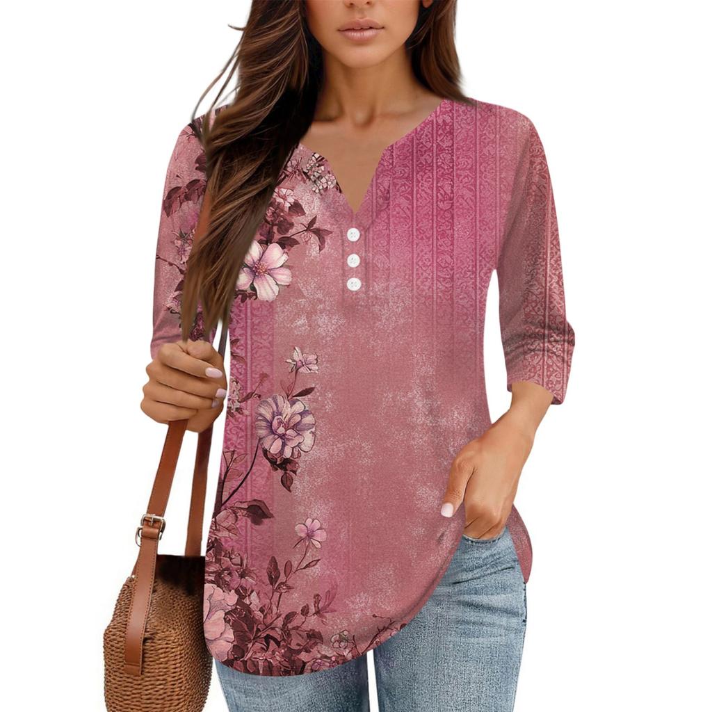 Damen V-Ausschnitt Freizeit Dreiviertelarm Knopf-Detail Top mit Blumenmuster