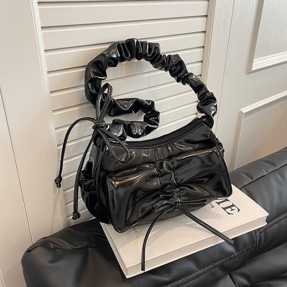 

French Style Bow Underarm Bag Pu Leather Pleated Drawstring Bag Elegant Crossbody Bag Dairy чёрный