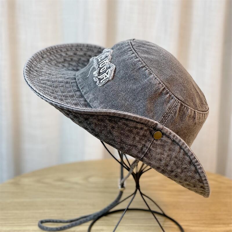 

Шляпа Женская Летняя Винтажная Выстиранная Шляпа Рыбака на Шнурке с Козырьком Black