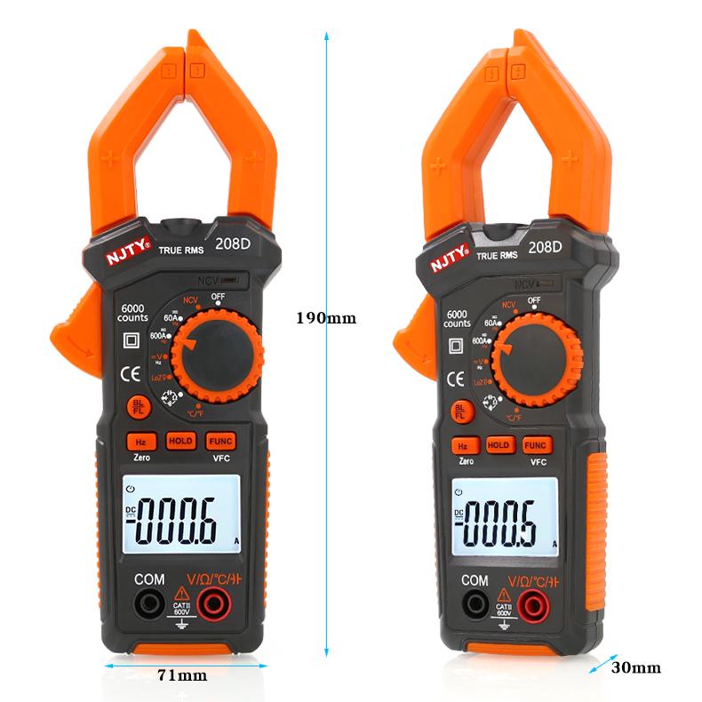 NJTY 208D Electrician AC/DC Clamp Meter Digital Multimeter Display AC/DC Current High Precision Clamp Meter