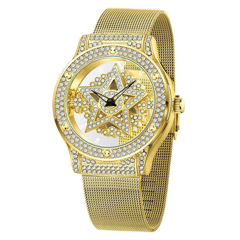 FOXBOX Women's Watches Fashionable Large Dial Pentagram Waterproof Watch For Girls Snowflake Rotating Hollow Women's Watch