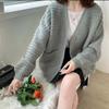 Loose temperament plush V-neck cardigan women's solid color sweater autumn and winter age-reducing long-sleeved knitted sweater outer top