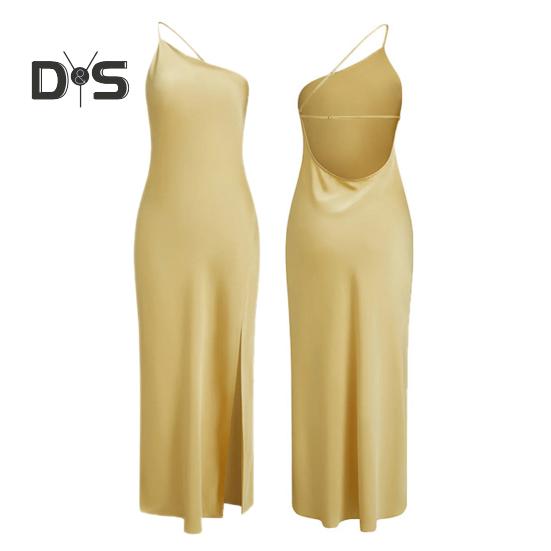 Women Sexy Dress Sloping Collar Sleeveless Open Back Design Long Dress Solid Color Side Slit Design Party Dress