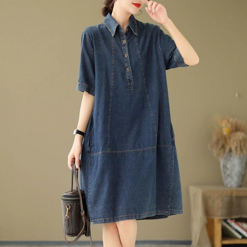 

Летнее женское джинсовое платье с короткими рукавами Vestidos Robe Свободные короткие рукава для похудения и свободные повседневные джинсовые платья средней длины M синий
