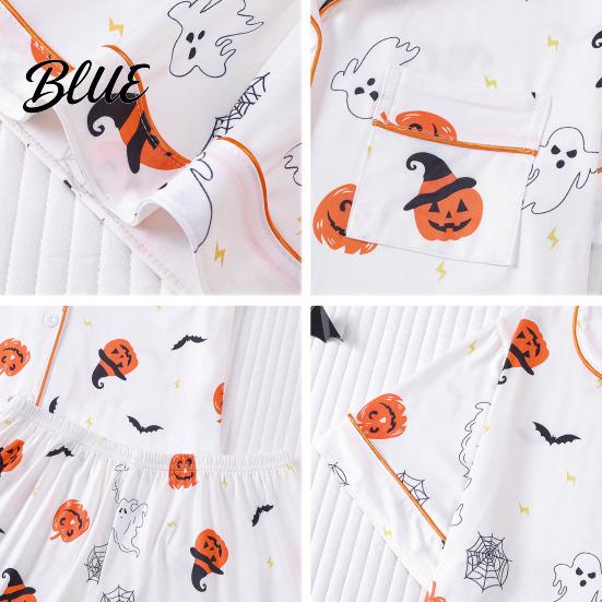 Women Button-up Pajama Set Women's Halloween Pajamas Sets 2 Piece Ghost Pumpkin Print Shirts Loose